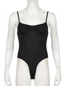 Sweetown Women's Sleeveless Skinny Shirring Bodysuit Spaghetti Strap Black Solid Simple Basic Sexy Camisole for Vacation