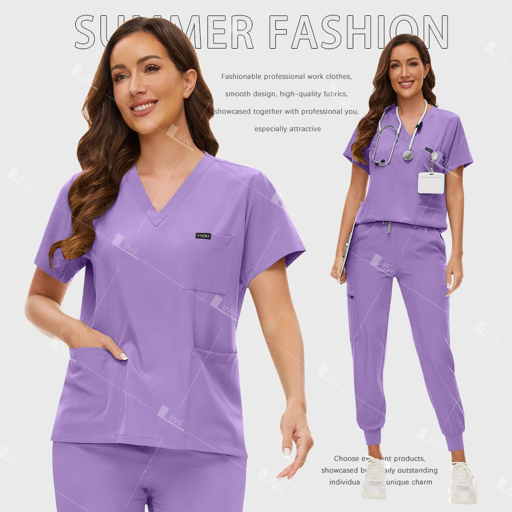Fashion Surgical Uniforms Medical Scrub Set Doctor Nurse Clinical Workwear Nursing Suit Beauty Spa Work Clothes Scrubs Top Pants