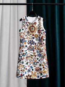 Women Printed Beaded Dress Sleeveless Round Neck Tank Dress Elegant Slim Fit Casual Fashion Party Dress for Women
