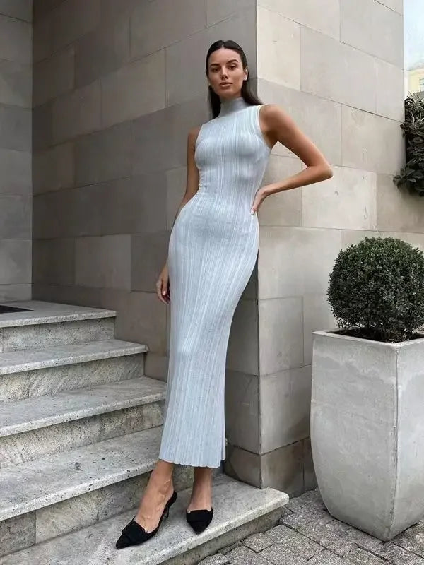 2025 Spring Sleeveless Knitwear Turtleneck Long Dress Female Slim Elegant Fashion Autumn Ribbed Knit Dress For Women Maxi Dress