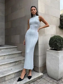 2025 Spring Sleeveless Knitwear Turtleneck Long Dress Female Slim Elegant Fashion Autumn Ribbed Knit Dress For Women Maxi Dress