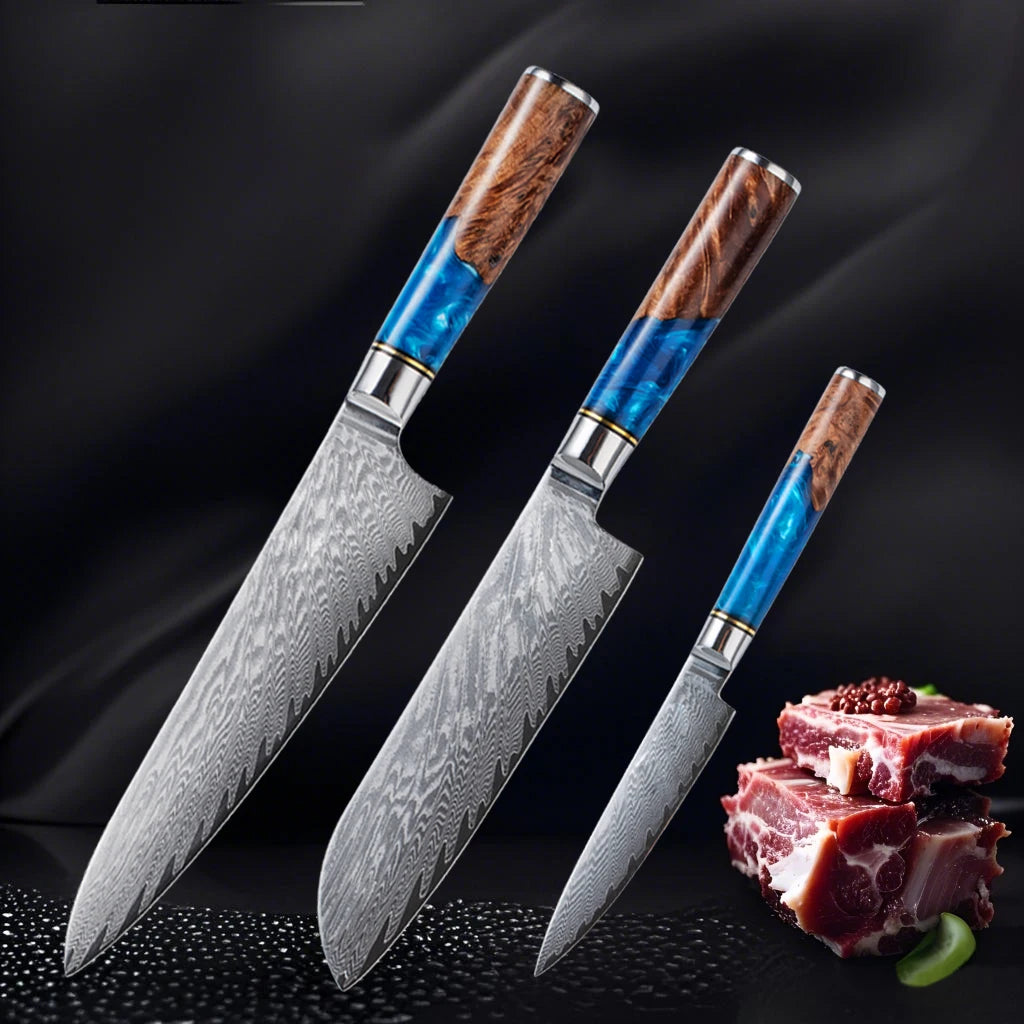 Damascus Steel High Carbon 67 Layer VG10 Chef's Knife Blue Resin Wood Handle Kitchen Chef's Knife Three-Piece Set