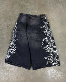 American Retro Gothic Halloween Geometry Graffiti Print Denim Shorts Men Women Y2k Low Waist Baggy Knee Length Jeans Jorts Short