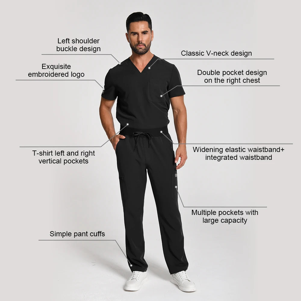 KUNGFU SCRUBS Mens Uniforms Medical Surgical Scrubs Set Short Sleeve V-Neck Top & Pants Soft Breathable Stretch Nursing Workwear