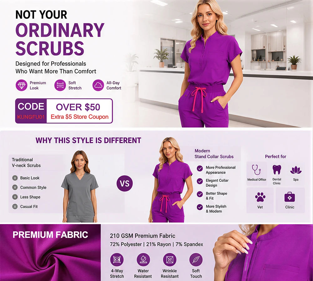 KUNGFU SCRUBS Nurses Uniforms Women Medical Scrubs Set Antibacterial Wrinkle Resistant Shirt Pant Fade Resistant Doctors Clothes