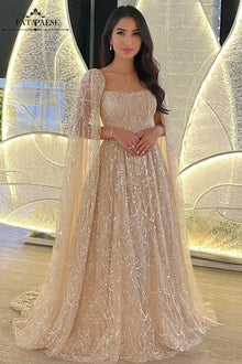 FATAPAESE Luxury Beads Sequins Cape Evening Dresses Champagne A Line Tulle Wedding Guest Dress for Arabic Dubai Saudi