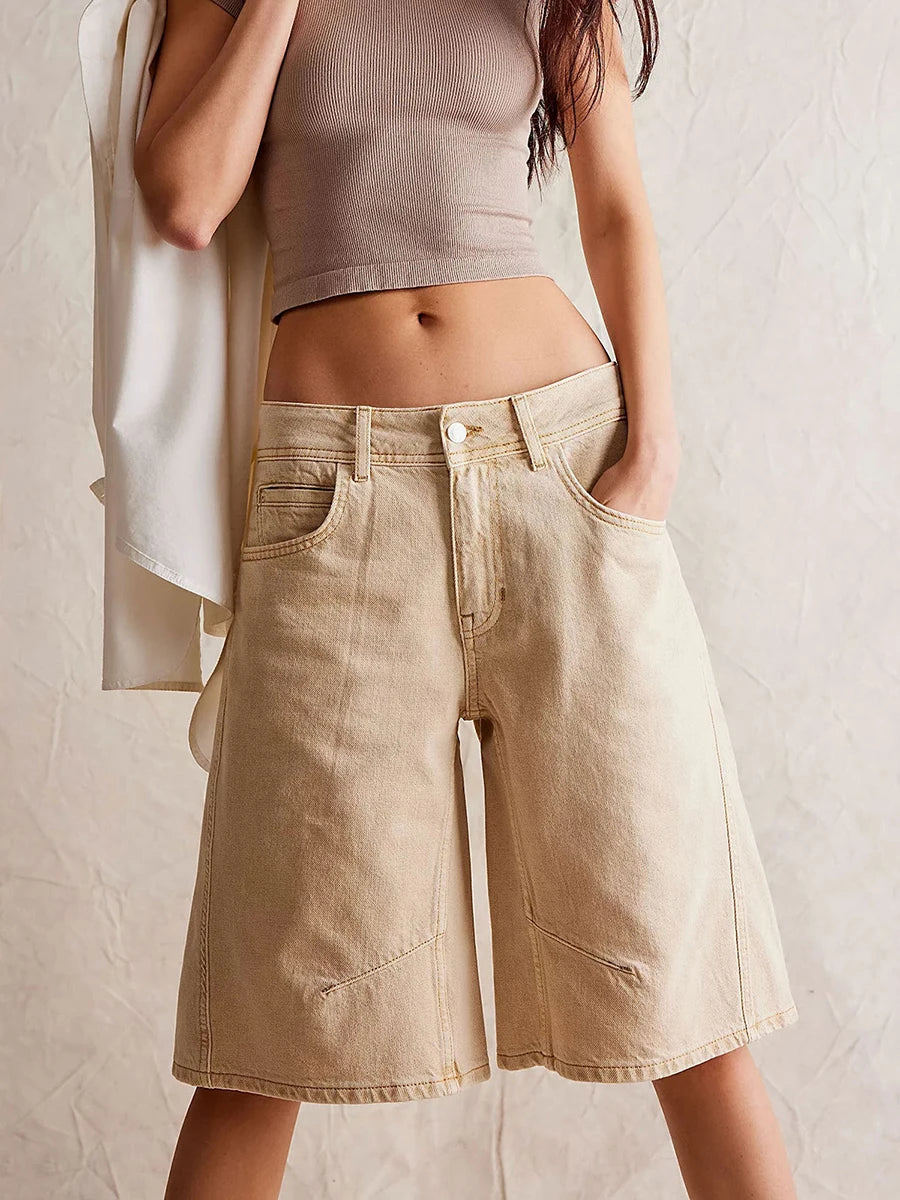 New Womens Knee Length Denim Shorts Solid Color Low Waist Wide Leg Jean Shorts For Summer Club Street Style S-2XL