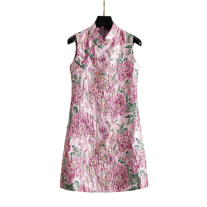 Women Peony Chinese Style Beaded Rhinestone Cheongsam Dress Mandarin Collar Sleeveless Luxury Party Vintage Dress