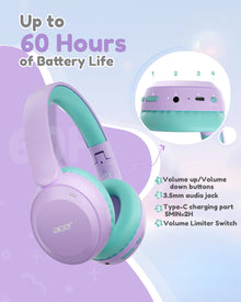 Acer Kids Bluetooth 6.0 Headphones 85/94dB Volume Limited Lightweight Over-Ear Wireless Toddler Headphones with Built-in Mic