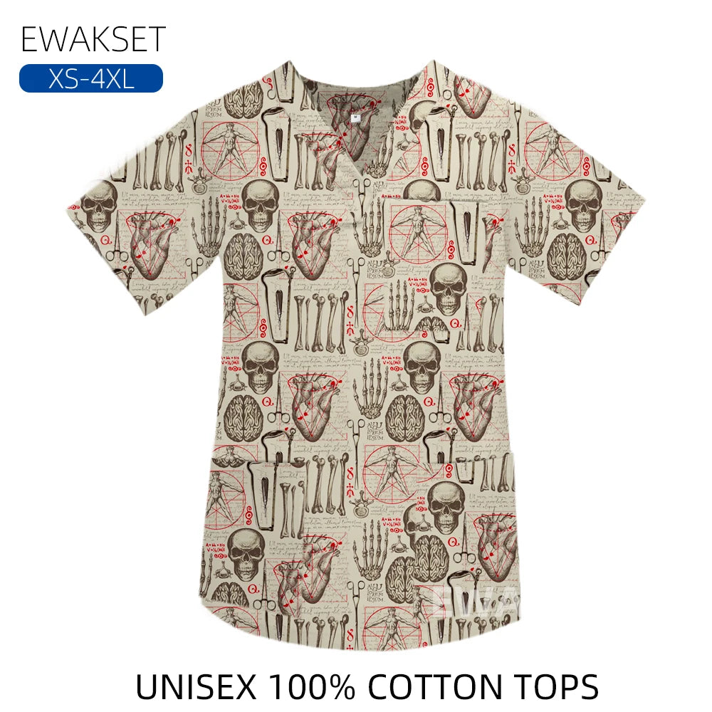 New Top for orthopedics Cotton bones skeleton printed Medical Blouse V-neck Nurse Doctor Operating T shirts Unisex Scrub Clothes