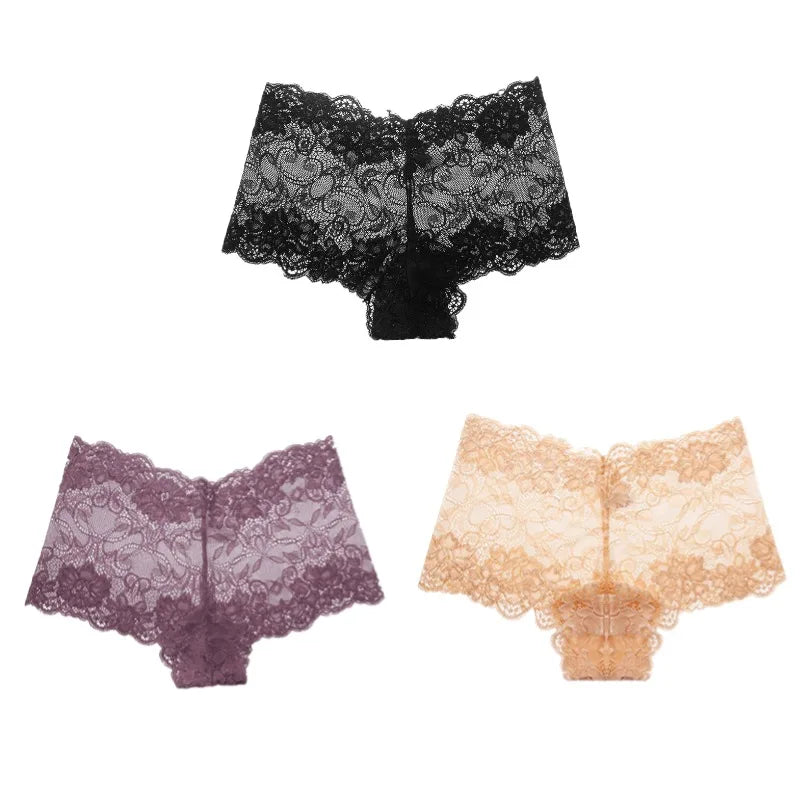 BZEL 3PCS Fashion Women's Panties Sweet Lace Female Boxers Hollow Out Sexy Lingerie Charming Underwear Soft Breathable Boyshorts