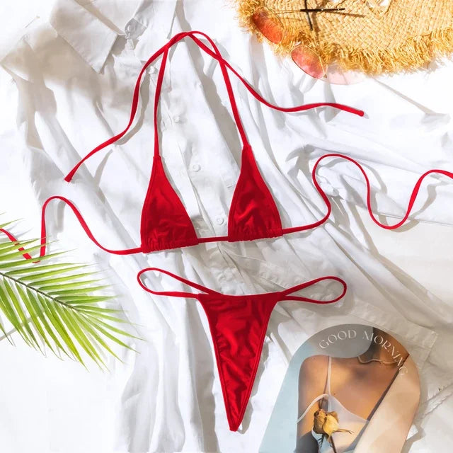 Sexy Female Swimming Suit Tie Straps Swimwear Solid Color Thong Shorts with Triangle Bra Women Beach Wear