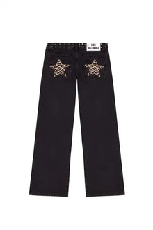 Gothic Womens ONE DILEMMA Jeans Y2K Clothing Fashion Sequin Five Pointed Star Rivet Retro Jeans Mid Rise Wide Leg Trousers