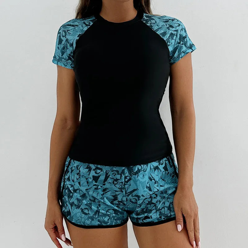 Women's Swimsuit Tankini Set Female Short Sleeve Swimwear 2025 Surfing Sports Pool Beachwear Two-Piece Bathing Suits With Shorts