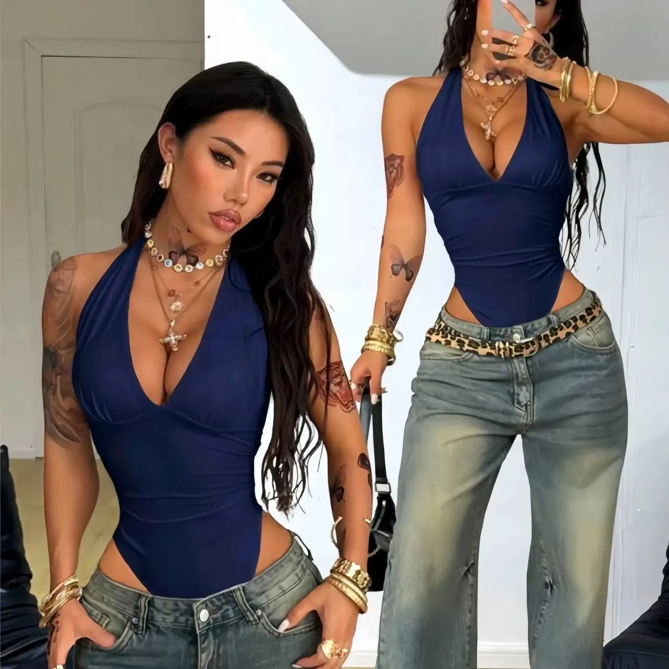 Women Halter Deep V Neck Side Ruched Slim High Cut Bodysuit 2026 Summer Y2K Streetwear Sleeveless Tank Top