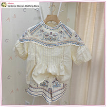 Stylish Embroidered Short Sets for Women Summer Matching Sets Round Neck Embroidered Short Sleeve Blouse and High-waisted Shorts