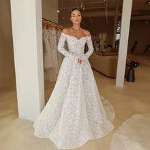 Customized Elegant Lace Off-Shoulder Bridal Dress Long Sleeve Ball Gown Wedding Dress Glamorous Bridal Gown for Formal Weddings