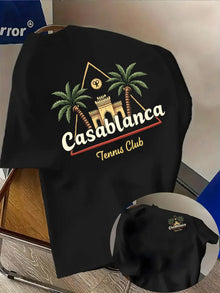 T-shirt pour homme en coton premium 100 % doux avec motif palmier et bâtiment marocain, parfait pour un style décontracté tropical estival