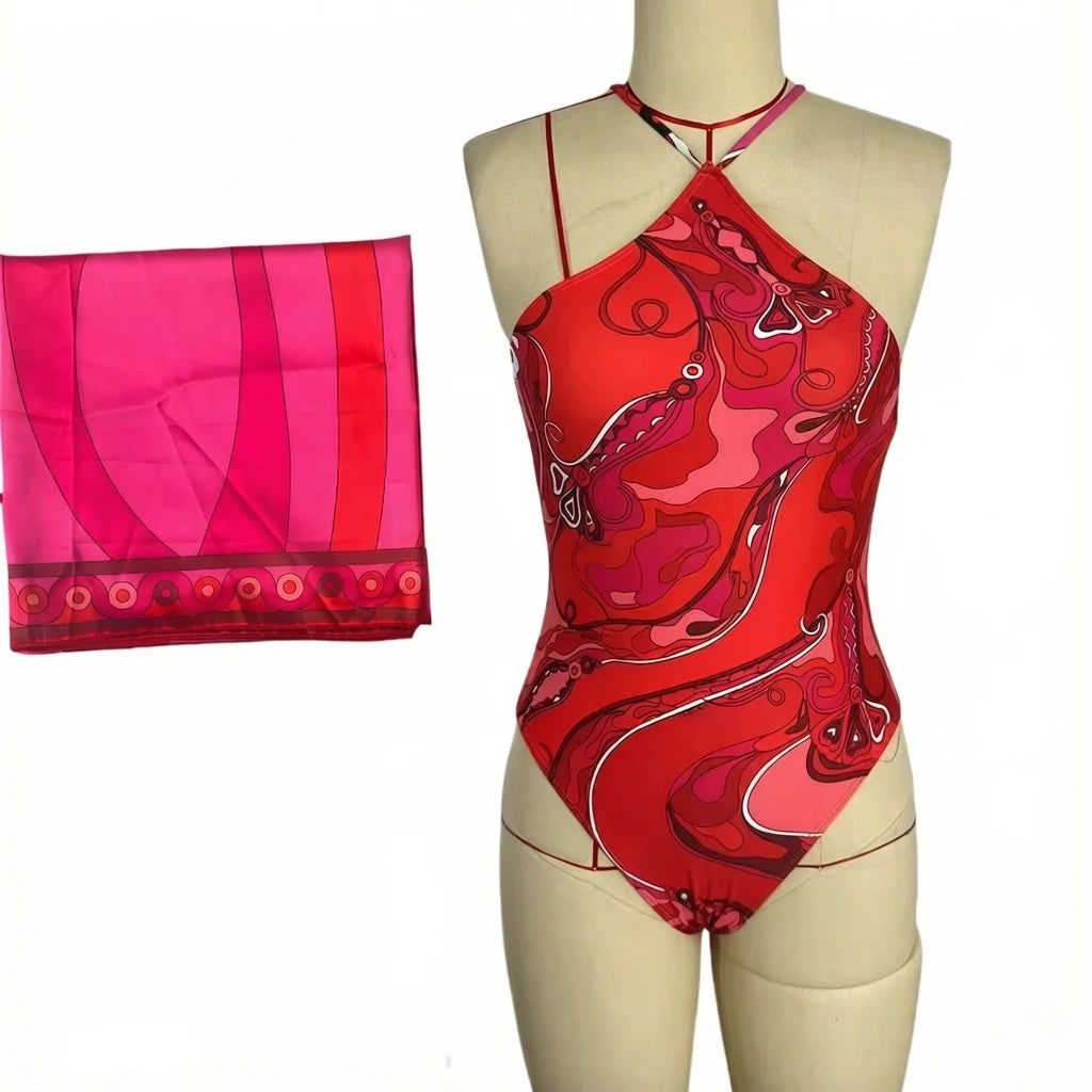 2026 Fashion Design Women's Red Scarf Sling Swimsuits Classic Brand Lady Scarf Bikini Sets with Letter Signature Logo