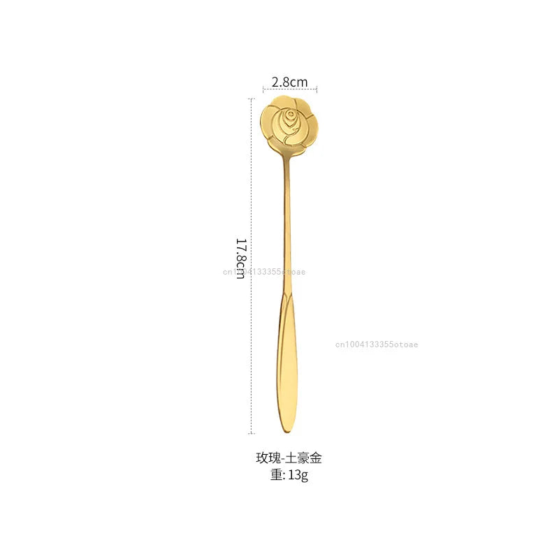 1pcs Stainless Steel Cherry Rose Flower Gold Scoop Coffee Spoon Gifts Kitchen Dessert Tea Accessories Tableware Decoration