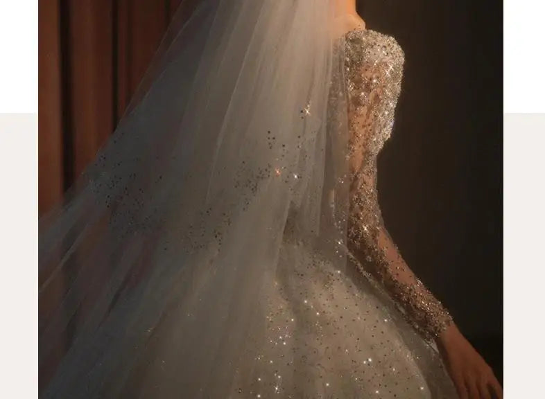 2024 Long Sleeve Beading Wedding Dress  Square Collar Luxury Sweep Train Winter Bridal Gowns Vestido De Noiva Customized