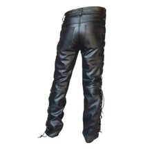 Pantalon de moto en cuir noir pour homme, style jean à lacets latéraux, pantalon en cuir épais