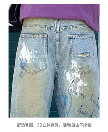 2026 New Street Graffiti Ripped Painted Jeans for Men, Straight Loose Wide-Leg Trendy Brand, Cool and High-End