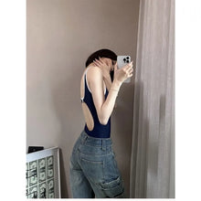 Sports Navy Blue Two-piece Swimsuit Set with Suspenders and High Waisted Shorts Suitable for Beach Swimming Pool Training
