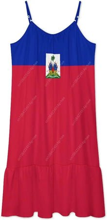 Haiti Flag Haitian Dress Women Sexy Long Suspender Dresses Halter Flared Dresses Casual Midi Dress