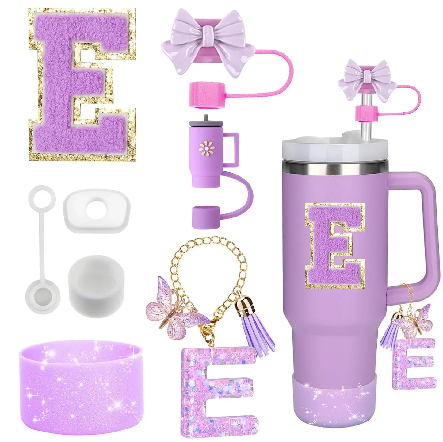 8PCS Accessories Set for Stanley Cup Purple 30oz 40oz tumbler Silicone Straw Topper Cover Cap Boot Handle Charm Initials Sticker