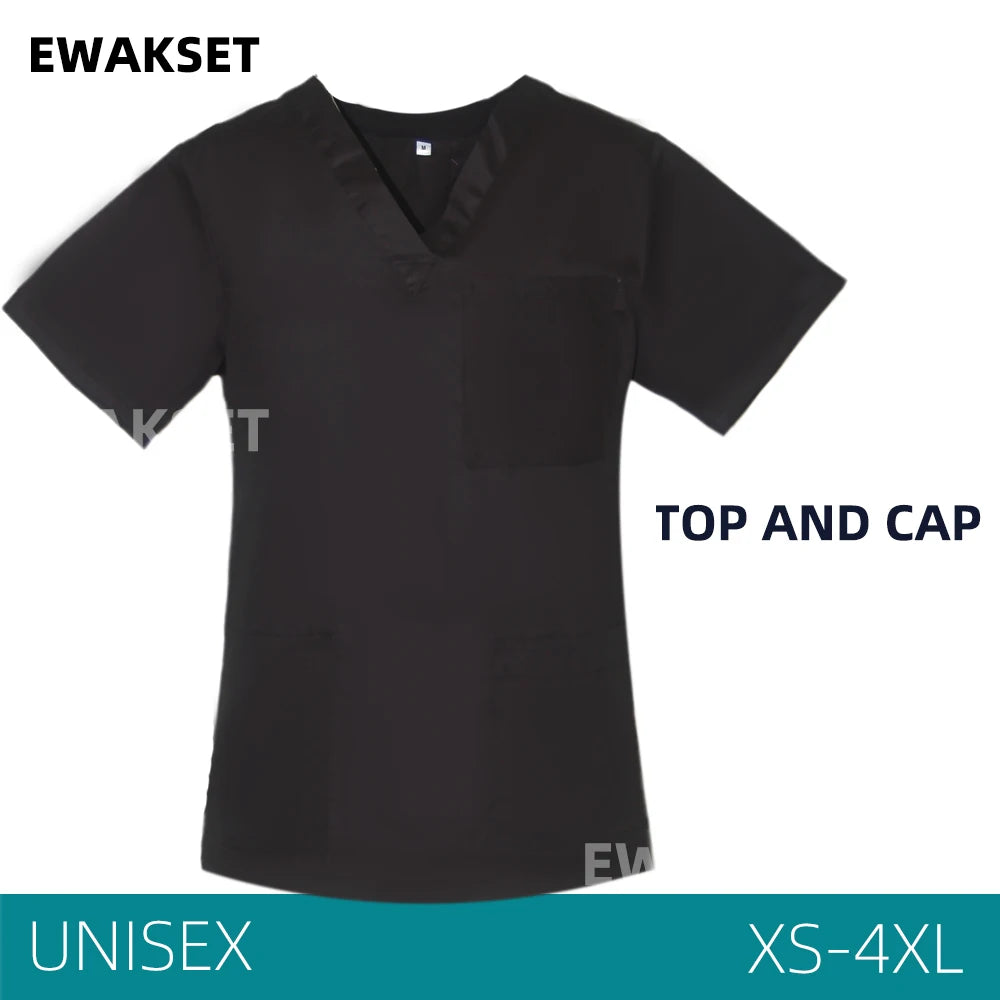 Unisex Solid Surgical Top 100% Cotton Shirt medical Uniforms Short Sleeve V-neck 3 Pocket Scrub Tops for Women Men