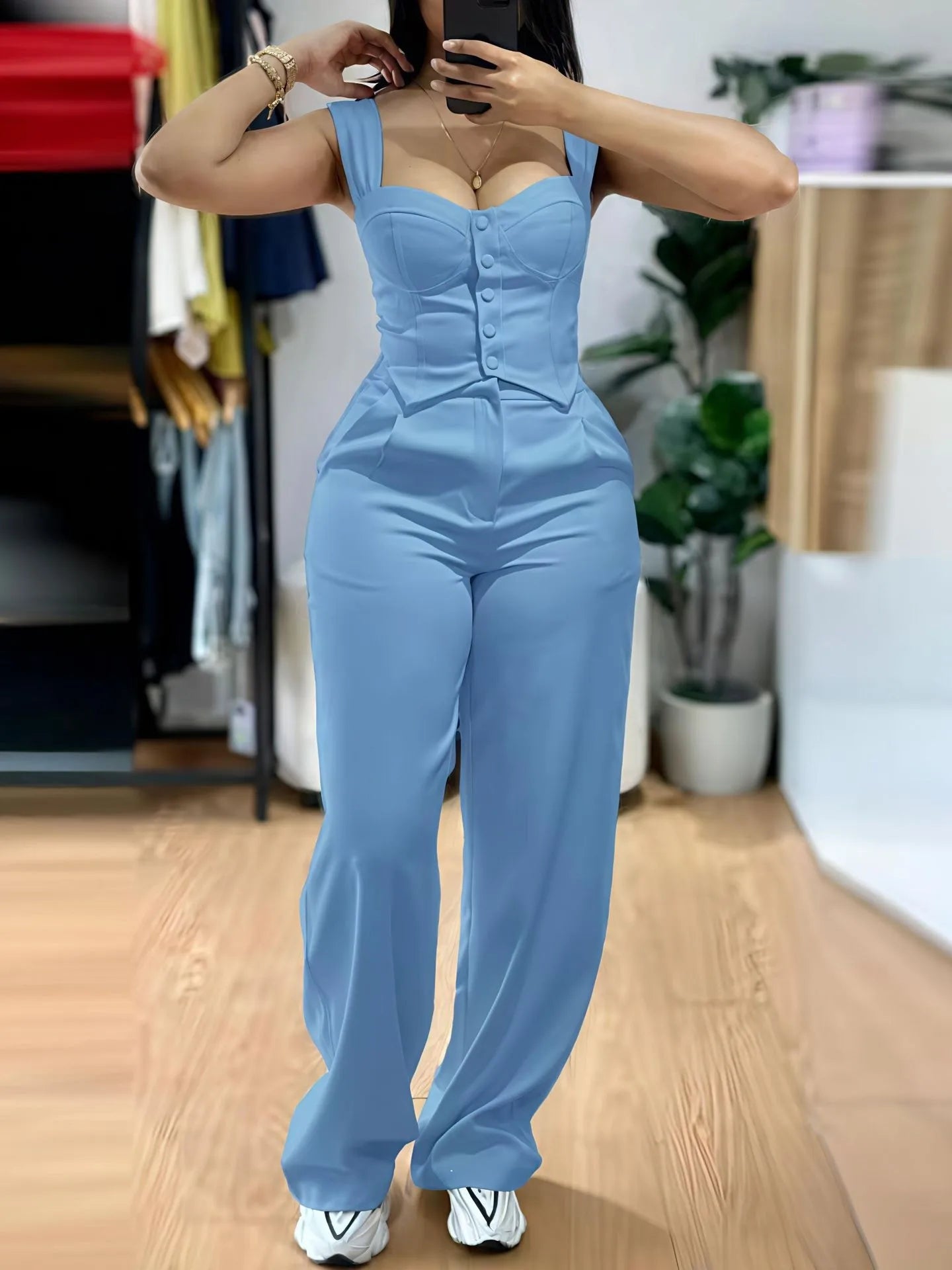 2025 American European New Fashion Women's Elegant Solid Color Trendy 2 Piece Sets Strapeless Suspender Vest Trousers Female