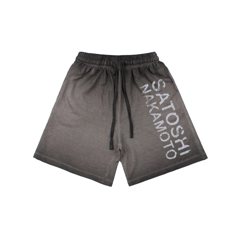Summer SATOSHI Shorts Vintage Distressed Washed Faded Classic Letter Print Drawstring Pants Hiphop Street Five Point Sweatpants