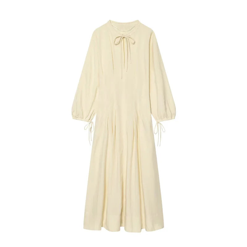 Women's Dress 2026 Summer New Beige Long-Sleeve Loose Tie-Decorated Long Dress Elegant and Graceful Beach Vacation