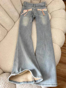 Y2K Fleece Flare Jeans Women Harajuku Streetwear Lace Bow Denim Pants Winter Fashion Sweet Cute High Waist Slim Design Trousers