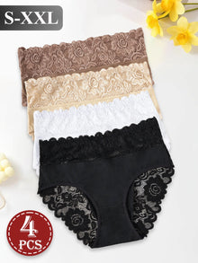4PCS Women's Underwear Solid Color High Waist Panties Elegant Lace Floral Patchwork Briefs Comfortable Everyday Lingerie