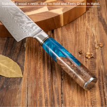Damascus Steel High Carbon 67 Layer VG10 Chef's Knife Blue Resin Wood Handle Kitchen Chef's Knife Three-Piece Set
