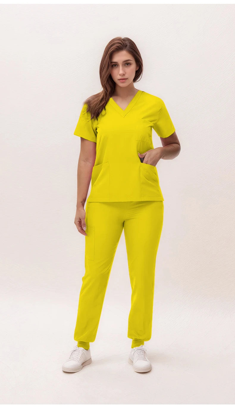 Stretchy Nurse Uniforms V-neck Top Jogger Pants Scrub Sets Surgical Workwear Dentist Nursing Suit Hospital Doctor Outfit S21