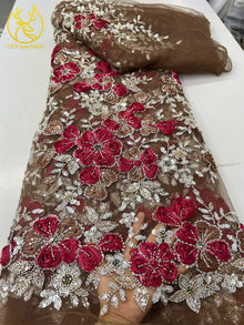 Beautiful Nigerian 3D Flower Lace Fabric 2026 African Beaded Sequins Lace Fabric French Embroidery Tulle Lace Wedding Dress