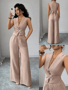 Women's 2 Piece Outfits Summer Sleeveless Wrap V Neck Crop Top Wide Leg Pants Set Casual Elegant Office Two Piece Sets