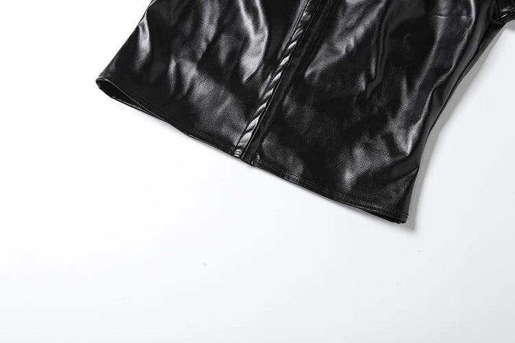 Weird Puss Hottie PU Crop Top Women Stand Collar Single Breasted Sexy Wild Stylish Solid Gothic Punk Skinny Midnight Streetwear