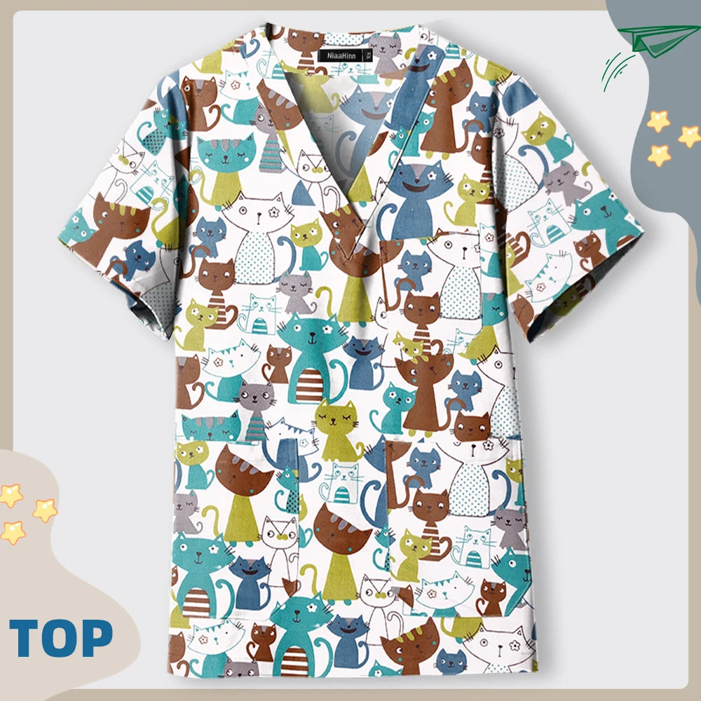 Print Dogs/Cats/Rabbit Scrub Tops Women Men Medical Scrub Shirts Pet Shop Vet Workwear Doctor Nurse Uniform Dentist Overalls Cap