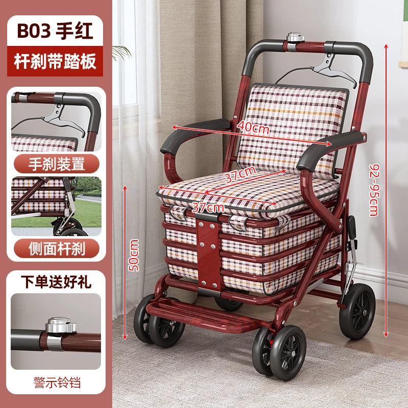Foldable Shopping Cart with Seat 4 Wheel Walker Push Cart Large Capacity Grocery Trolley for Elderly Outdoor Mobility