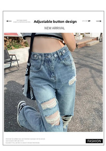 Jean droit déchiré tendance pour femme, printemps-été, taille haute, coupe large décontractée, design amincissant, jean en denim décontracté