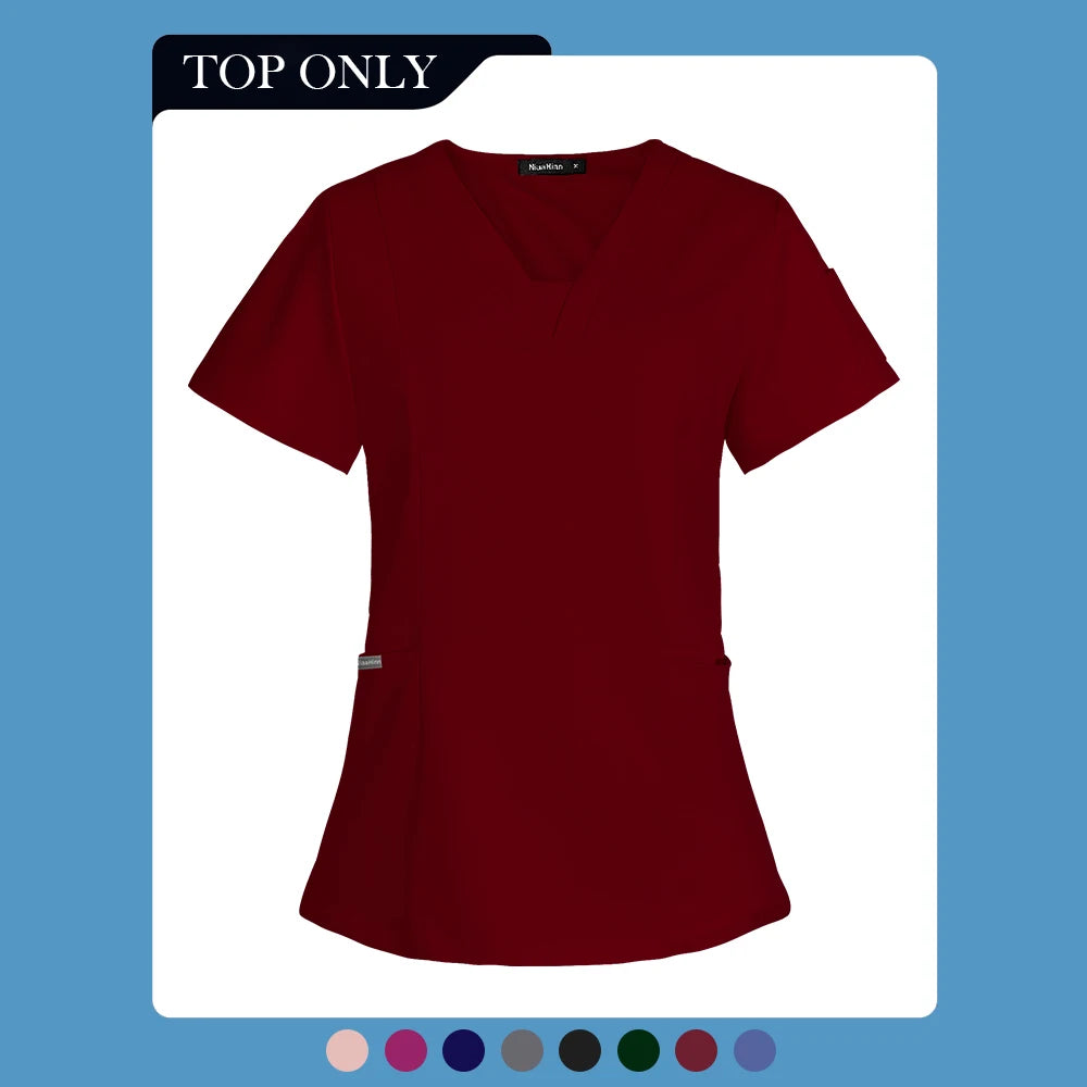 V-neck Short Sleeved Top Fashion Nurse Uniform Dentist Veterinary Work Uniform Unisex Healthcare Nurse Clothing Scrun Women Mens