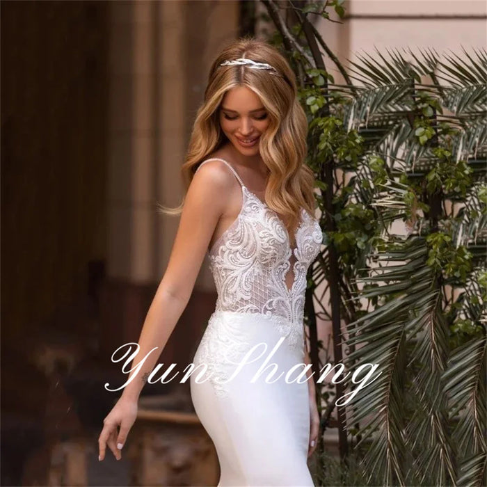 Yunshang Customized Elegant Mermaid Wedding Dress V-Neck Spaghetti Straps Open Back Lace Bridal Gown Train Vestidos De Novia