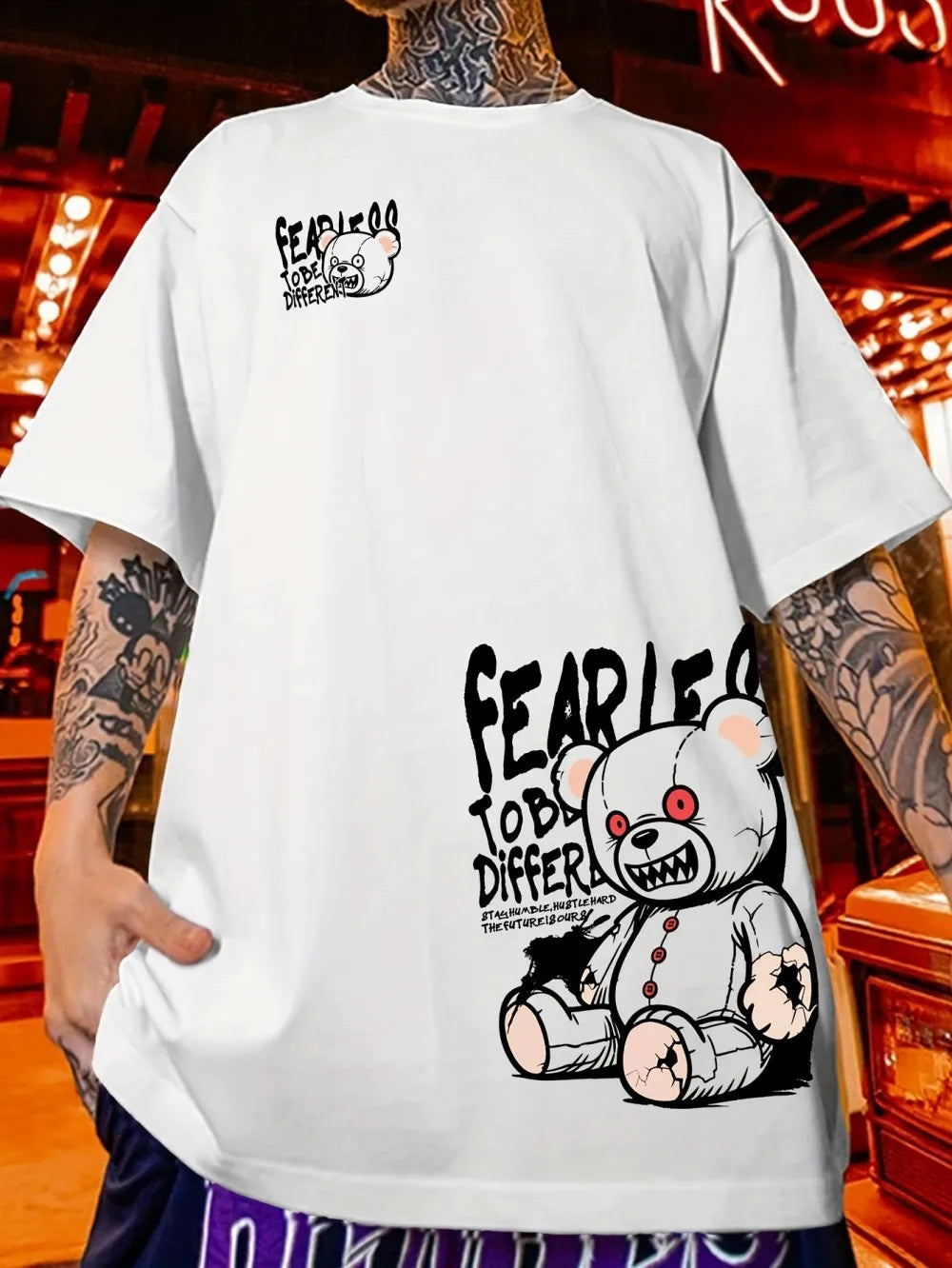 New Men's Summer Teddy Bear Toy Letter Printed Comfortable and Breathable Round Neck T-shirt Outdoor Street Versatile Top