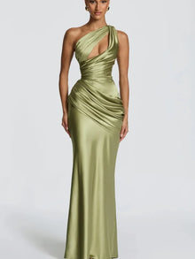 Women Green Ruched Elegant Satin Maxi Dress Mermaid One-shoulder Cutout Slim Fit Flowy Vestido 2026 Lady Summer Evening Vestidos