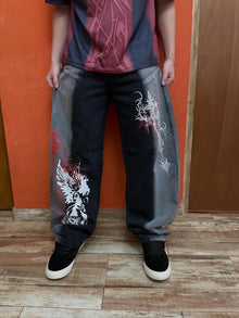 Y2k Vintage Washed Black Personalized Street Jeans Men Skateboarding Gothic Pattern Print Retro Denim Pants Loose Wide Leg Jeans