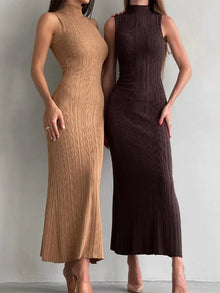 2025 Spring Sleeveless Knitwear Turtleneck Long Dress Female Slim Elegant Fashion Autumn Ribbed Knit Dress For Women Maxi Dress